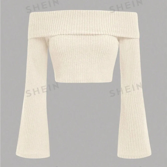 SHEIN Sweaters - SHEIN White Off the Shoulder Cropped Sweater with Flare Sleeves, Size XL